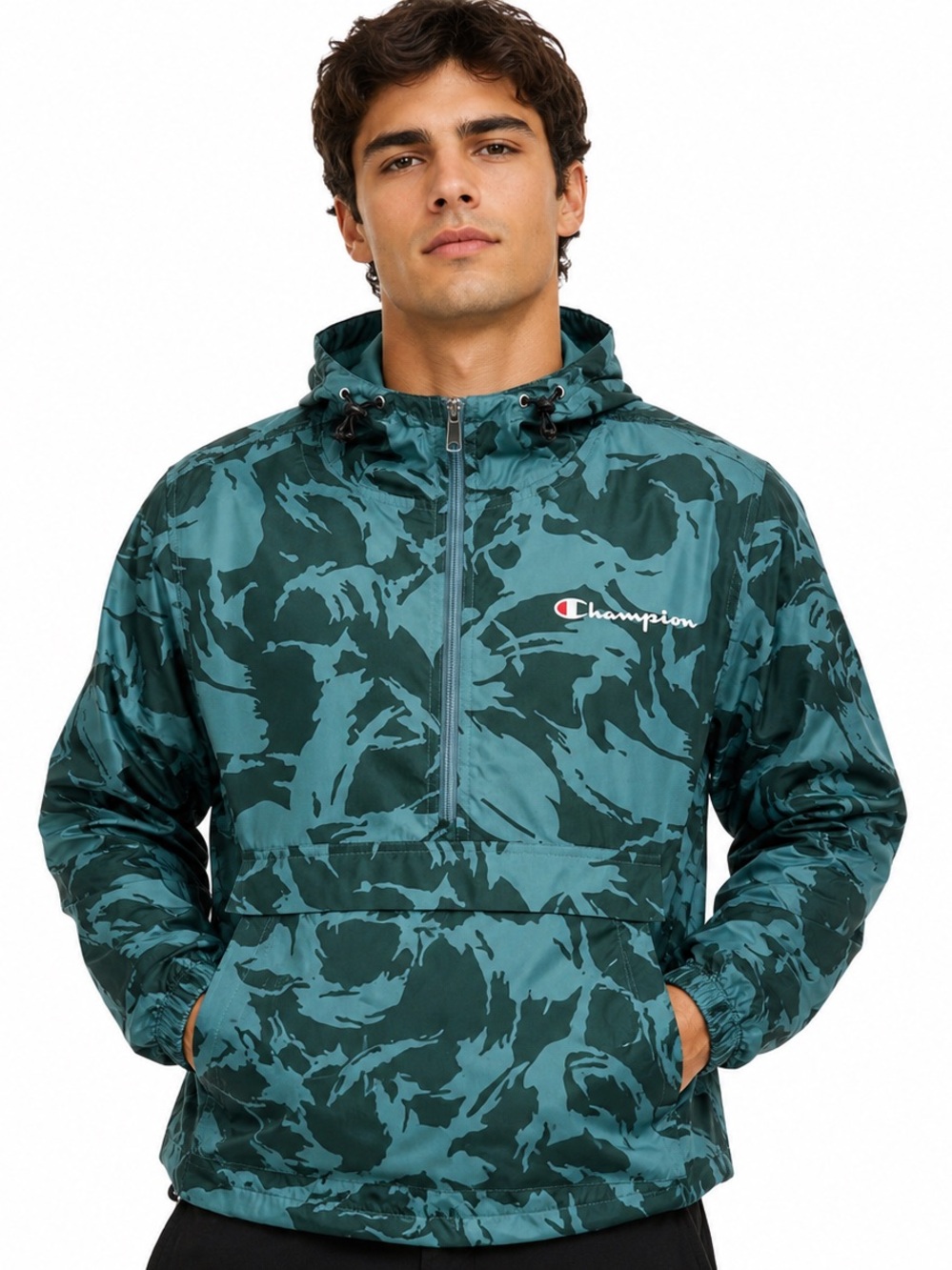 Champion Packable Anorak Windbreaker Jacket Men’s Medium Green Camo Hooded